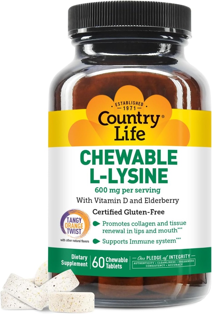 Country Life Chewable L- Lysin tillæg med D-vitamin og Elderberry, immunforsvar og Collagen Fornyelse for hud væv, Ideel til voksne