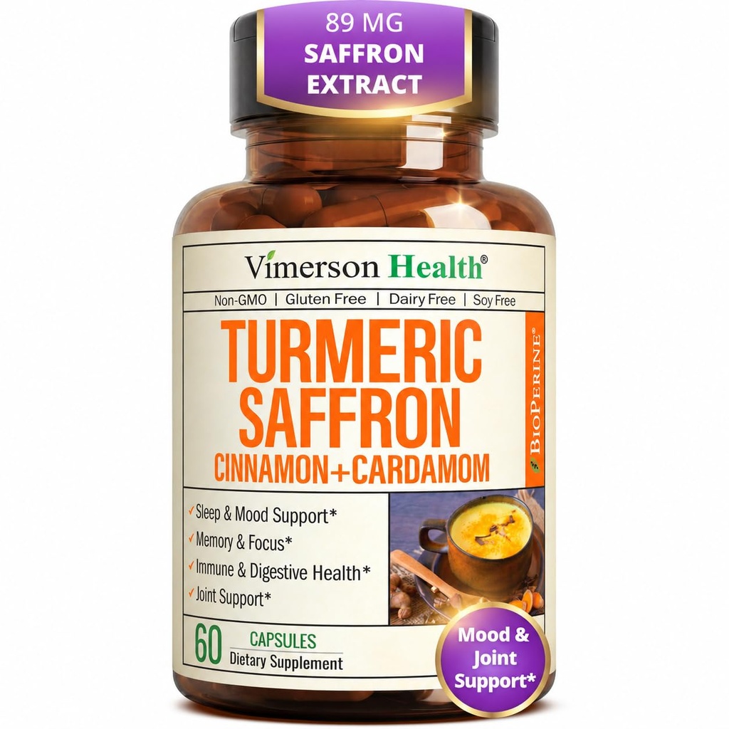 Saffron Kosttilskud - 89mg Saffron Extract og 1000mg Tumerisk Blend - Gurkemeje Tillæg med Ceylon Cinnamon og Cardamom for Mood, Hukommelse & Øje Sundhed - Fælles Kosttilskud til kvinder og mænd - 60 Greve