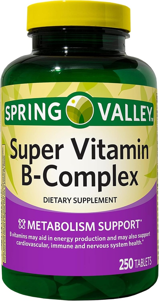 Augu Spring Valley Super Vitamin B-Complex, Metabolism Support, Tablets Dietary Supplement, 250 Count