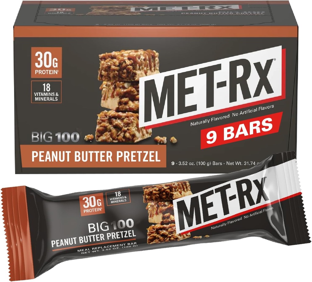 MET- Rx Big 100 Colossal Protein Bars, Great as Sund Meal Erstatning, Snack, og Hjælp Support Energy, Peanut Butter Pretzel, Med vitamin A, C-vitamin og zink, 100 g, (Pack of 9)