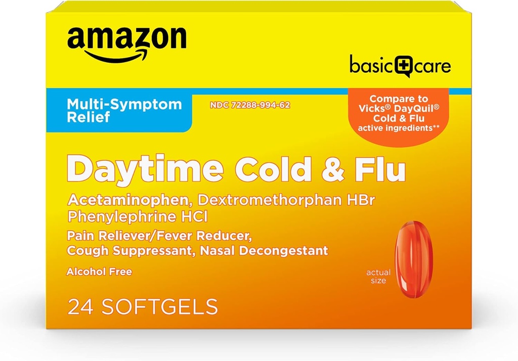 Basic Care Daytime Cold and Flu Relief Softels, Non- Drowsy Cold Medicine, Relief of Pain, Fever, Hough, Sore Throat, Nasal Congestion, 24 Greve