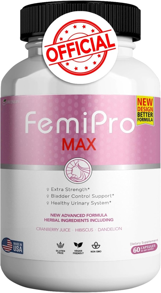 FemiPro MAX kvinders urinstøtte supplement, 60 kapsler, Ekstra styrke Bstige Kontrol med tranebær, Hibiscus, Mælkebøtte, Vegan, Gluten Free (1)