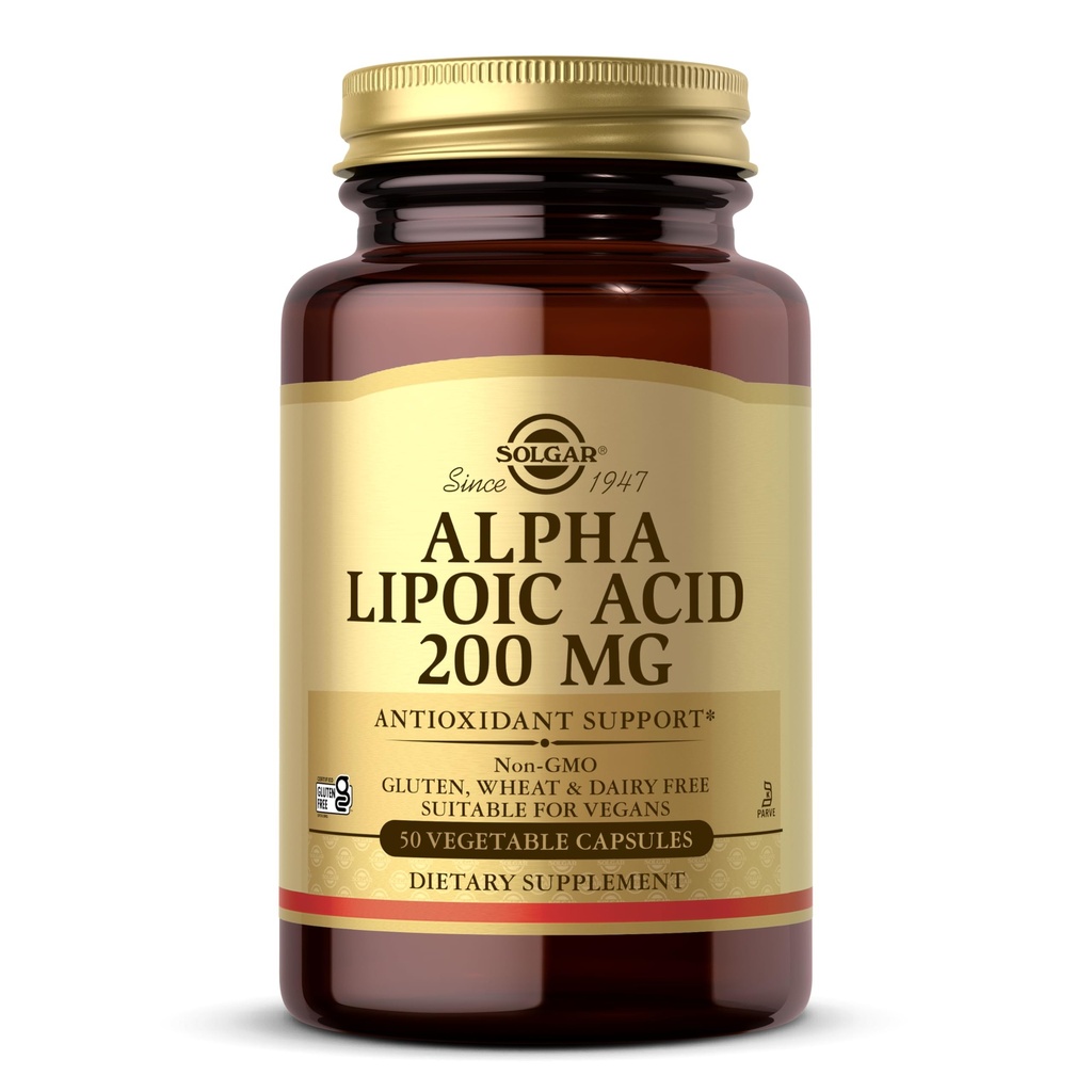 Solgar Alpha Lipoic Acid 200 mg, 50 Vegetabilske kapsler - Antioxidant Support - Hjælper til Genbrug Glutathion, C-vitamin & E, CoQ- 10 - Non- GMO, Vegan, Gluten Free, Dairy Free, Kosher - 50 Servere