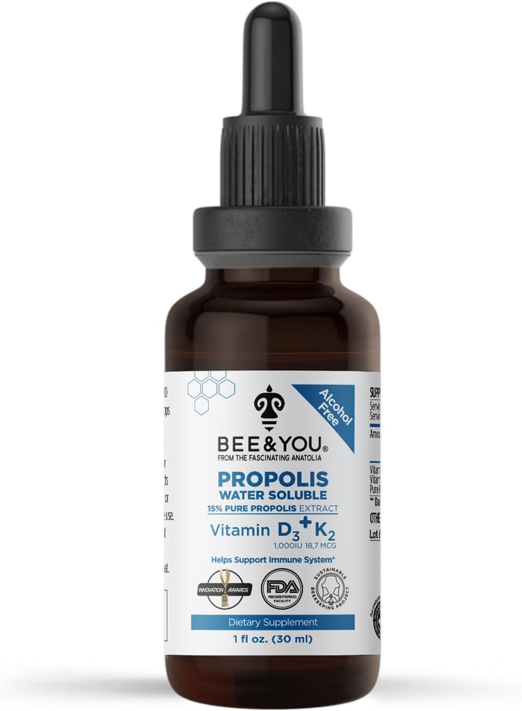 BEE og du flydende Propolis ekstrakt, Opløselige, Vitaminer D3 + K2, høj potens, immunforsvar supplement, Sore Throat Relief, Antioxidanter, Keto, Paleo, Gluten- Free, 1 Fl Oz (1 Pack)