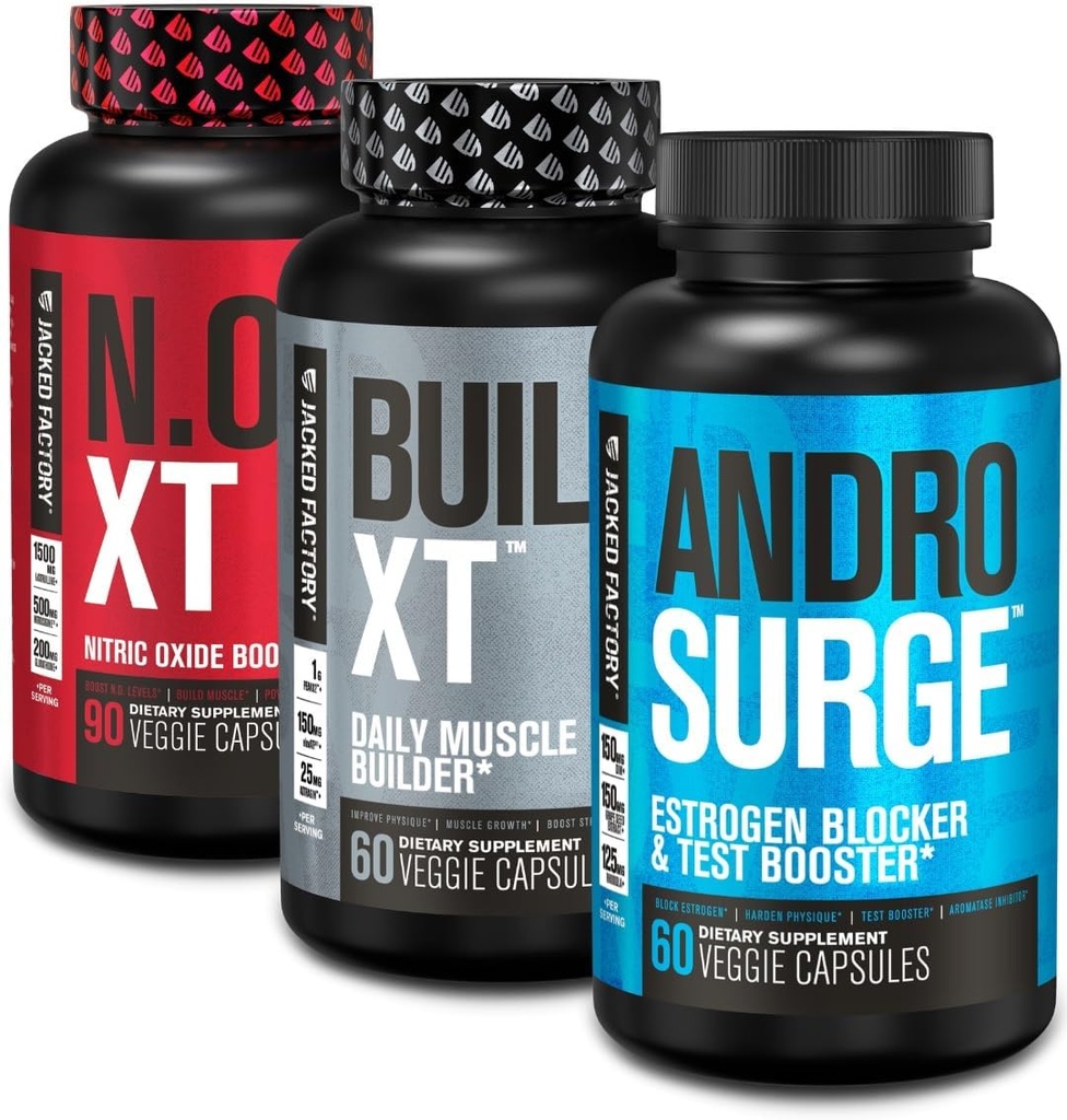 Jacked Factory N.O. XT Nitrogen Oxide Supplement, Build- XT Muscle Builder, & Androvse Østrogen Blocker til mænd