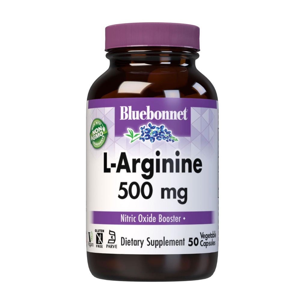 Bluebonnet Nutrition L- Arginin 500mg, Free- Form Aminosyre, nitrogenoxid Precursor, Soy- Free, Gluten- Free, Non- GMO, Kosher Certified, 50 Vegetabilske kapsler, 50 Servering