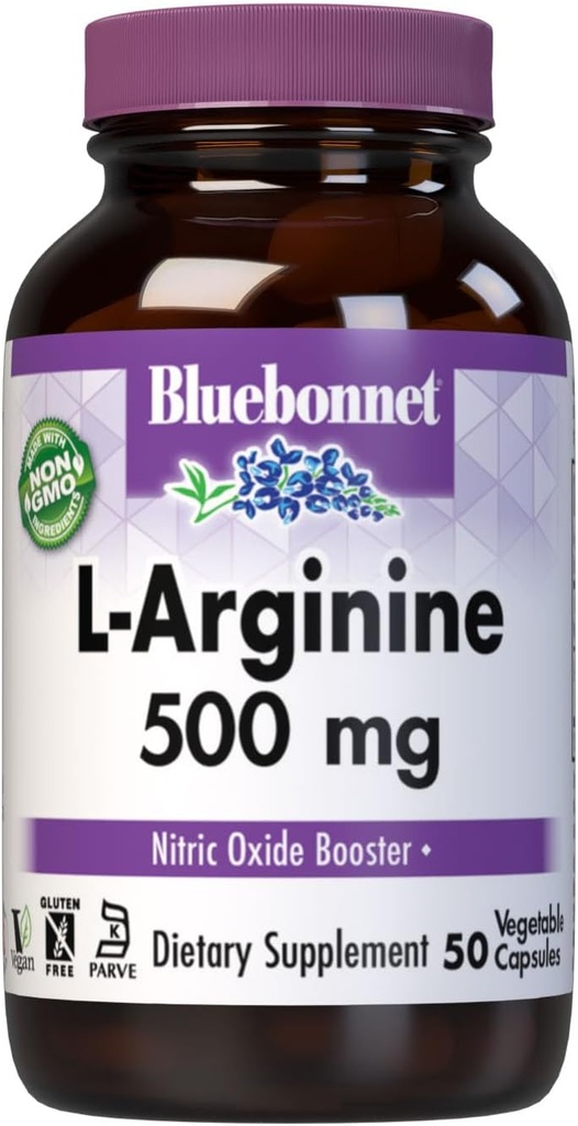 Bluebonnet Nutrition L- Arginin 500mg, Free- Form Aminosyre, nitrogenoxid Precursor, Soy- Free, Gluten- Free, Non- GMO, Kosher Certified, 50 Vegetabilske kapsler, 50 Servering