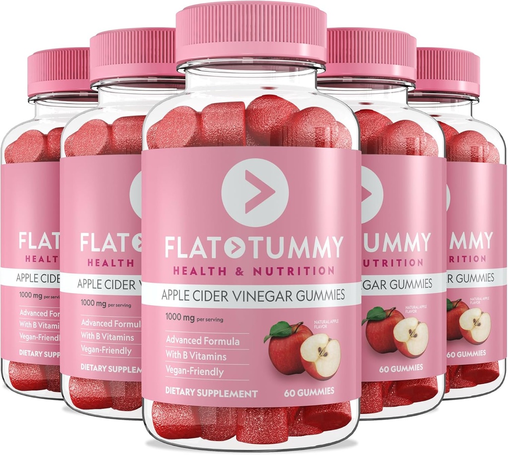 Flad Tummy Apple Cider Vinegar Gummies, 60 Greve (5 Pack) - ACV Gummies, Detox, Support Gut Health - Vegan- Friendly, Non- GMO - Beet og Pomegranate Superfood Powders, Vitaminer B6, B9 & B12