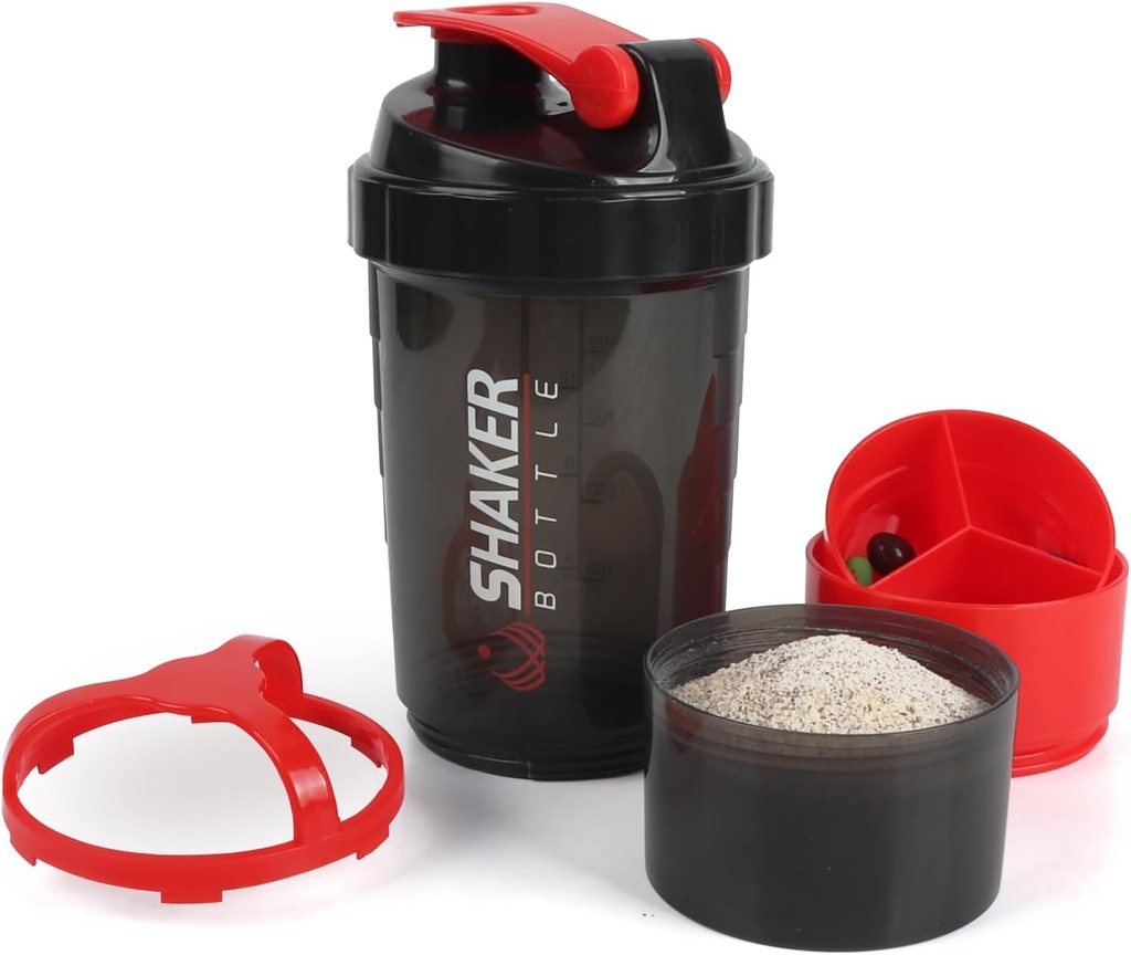 Shaker Bottle,16oz Protein Shaker Bottles with Mixing Ball, 3 in 1 Leak-proof GYM Shake Cup with Powder Storage & Pill Tray, Ideal for Workout,BPA Free（Red）