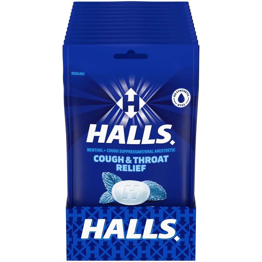 HALLS Hoste og hals Relief Mentho- Lyptus Hoste Drops, 12 poser med 30 (360 Total Drops)