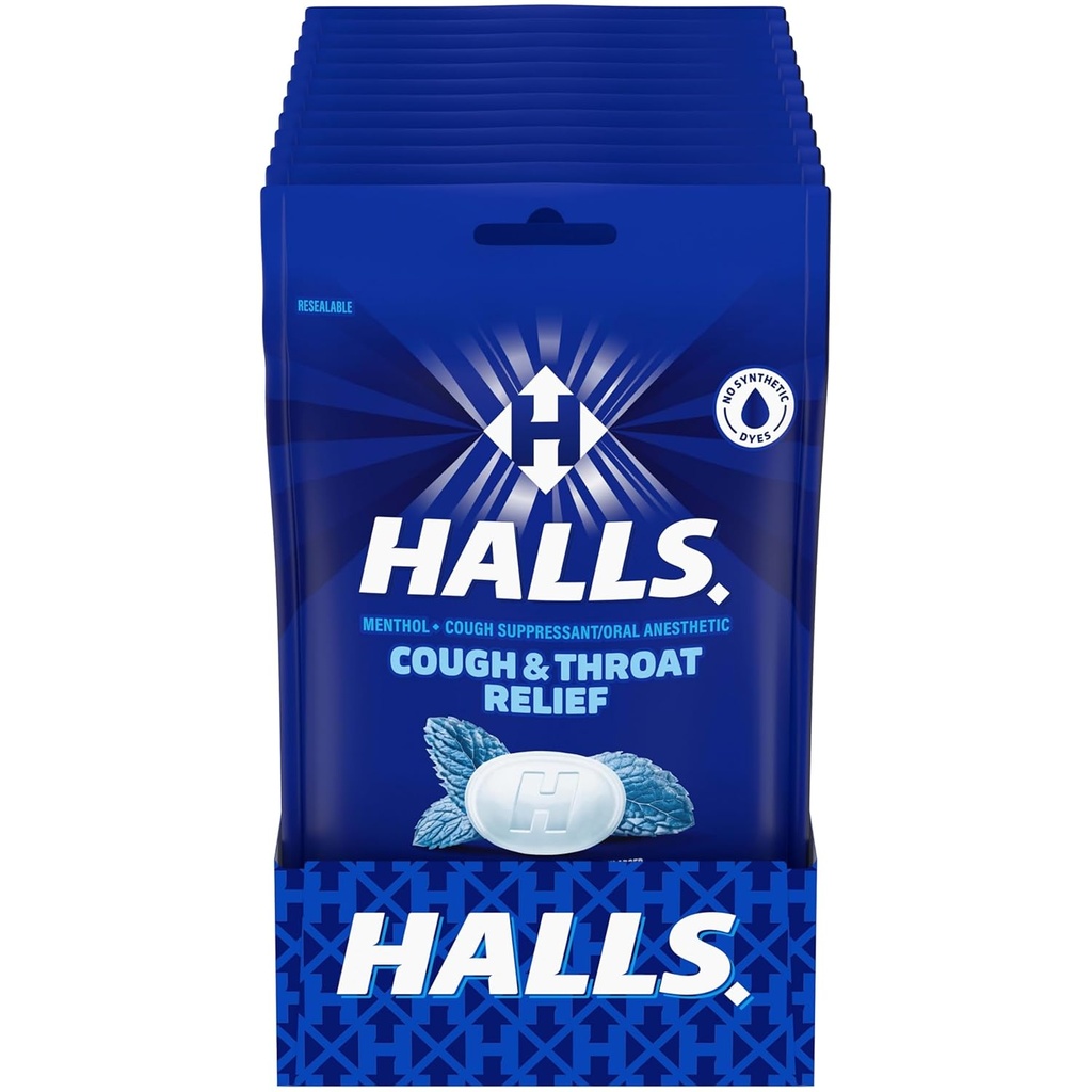 HALLS Hoste og hals Relief Mentho- Lyptus Hoste Drops, 12 poser med 30 (360 Total Drops)