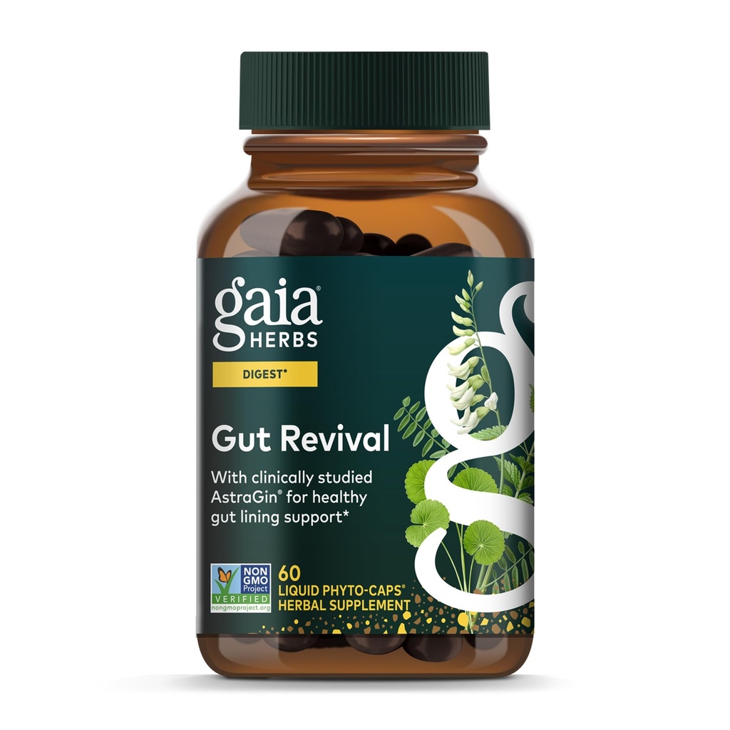Gaia Herbs Gut Revival - Herbal fordøjelsestillæg til støtte Gut Health - Lavet med Astragalus, Gotu Kola, Jujube & Mere - Gratis fra Dairy, Soy & Gluten - 60 Veganske kapsler (60 Servere)