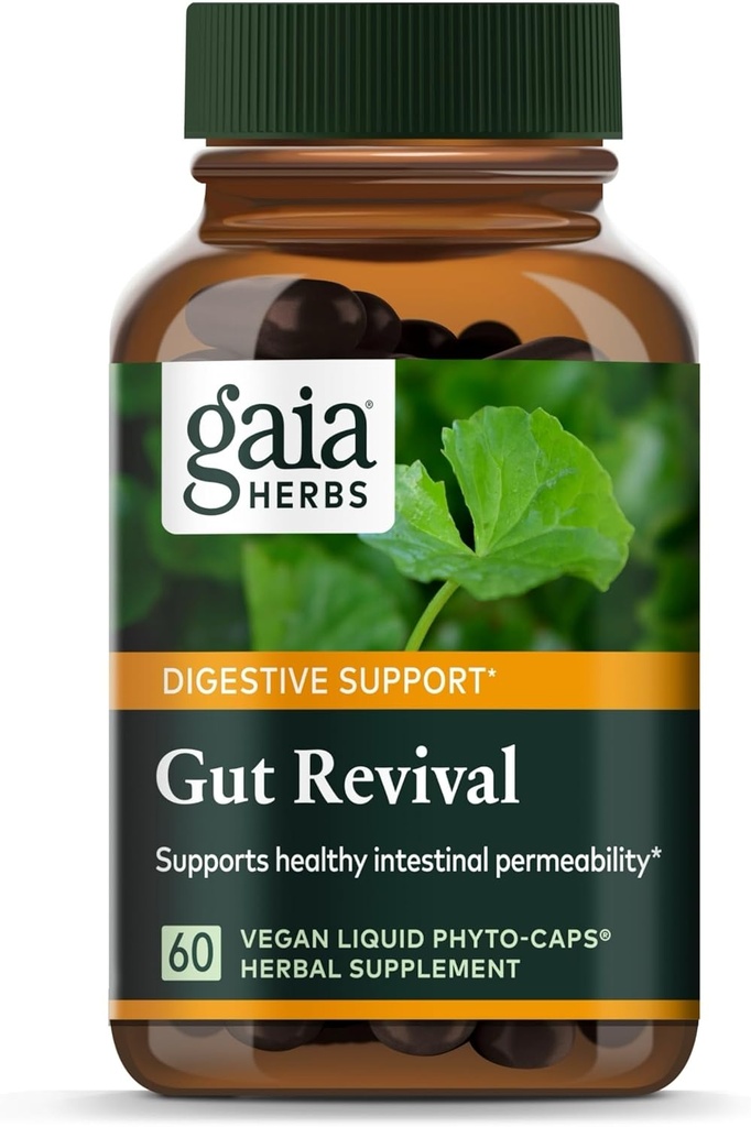 Gaia Herbs Gut Revival - Herbal fordøjelsestillæg til støtte Gut Health - Lavet med Astragalus, Gotu Kola, Jujube & Mere - Gratis fra Dairy, Soy & Gluten - 60 Veganske kapsler (60 Servere)
