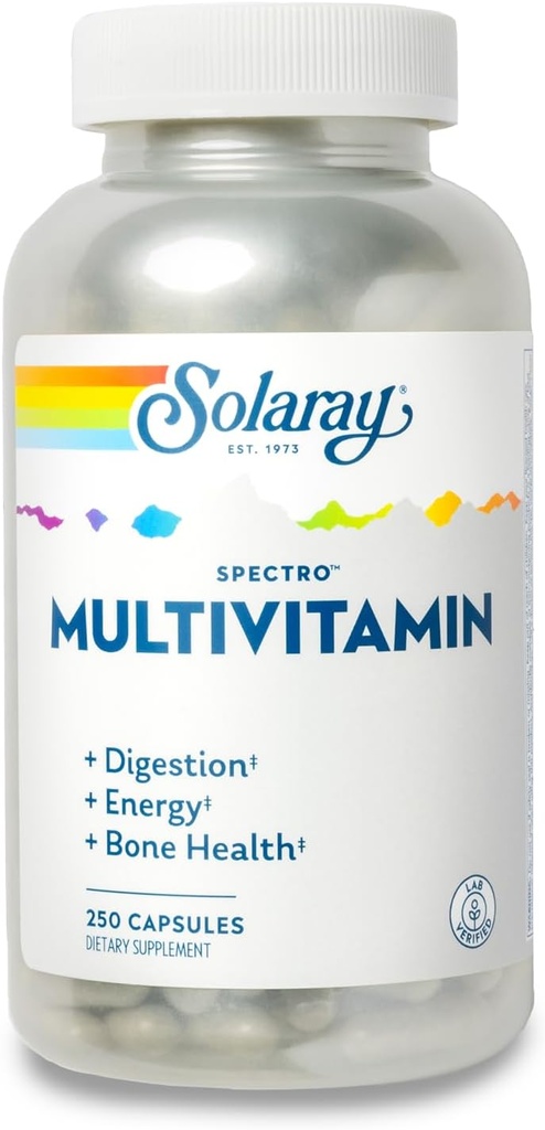 SOLARAY Spectro Multivitamin med jern - Multi Vitamin med calcium, Magnesium, energigivende grønne, urter & fordøjelsesenzymer - fordøjelse, energi, og ben sundhed støtte (41 Serv, 250 CT)