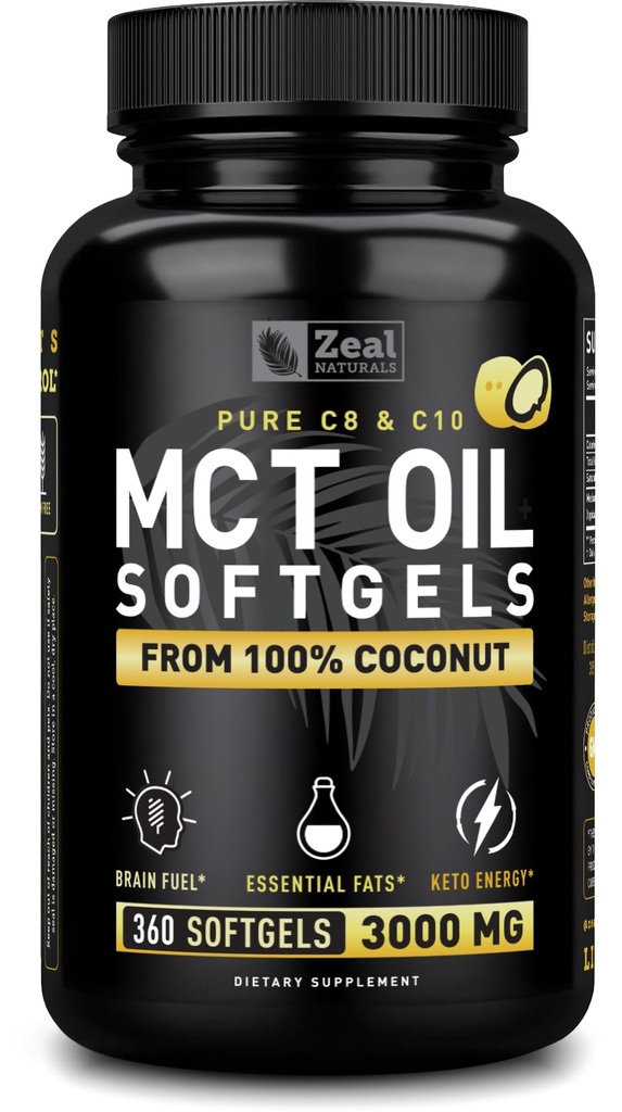 Pure MCT oliekapsler (360 Softgels - 124; 3000mg) 4 måneder Supply Keto Pills w Uraffineret kokos - C10 & C8 Brain Fuel, Energy, Octane Ketosis