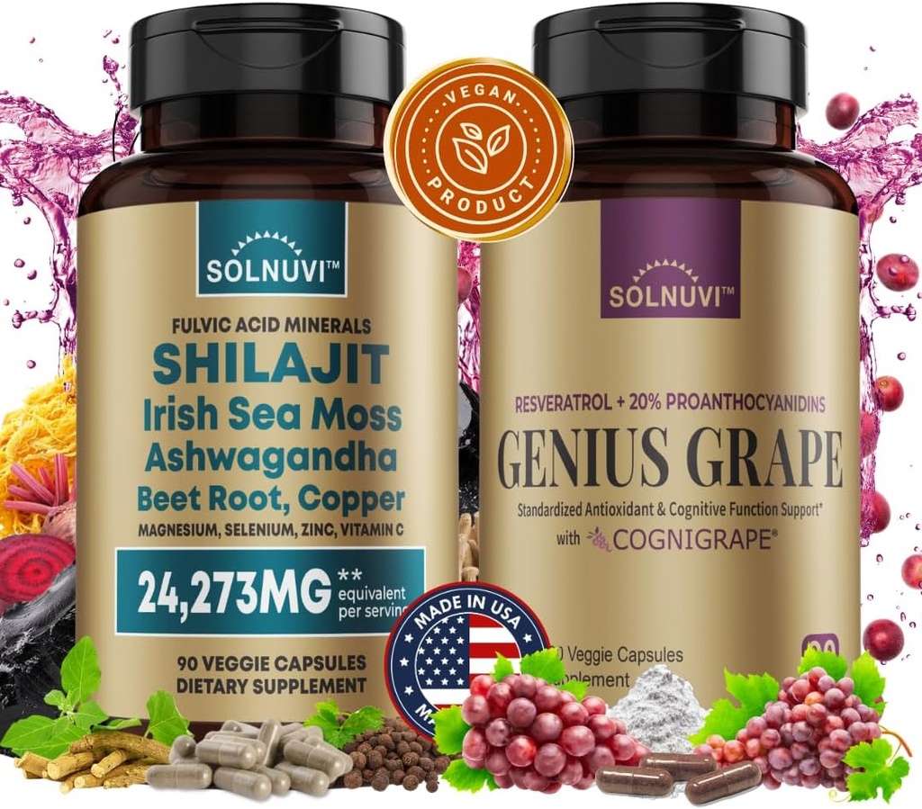 Cognitive Wellness Bundle - Resveratrol Complex & Shilajit Fulvic Acid Minerals - Sea Moss, Ashwagandha, klinisk testet Cognidrue Red Grape Extract - Non-GMO, Gluten- fri, Vegan Supplement