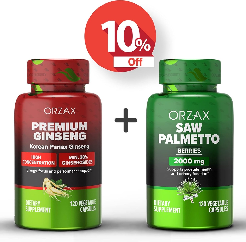 ORZAX Ginseng, 30% Ginsenosides 120 Vegaserbare kapsler og Saw Palmetto 2000 mg 120 Vegetabilske kapsler, Bundle