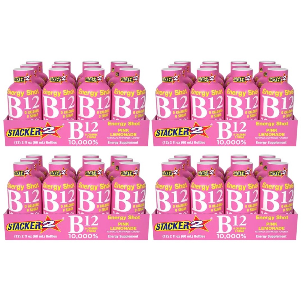 Stacker 2 Pink Lemonade B12 Energy Shot, 2oz (pakke med 48)