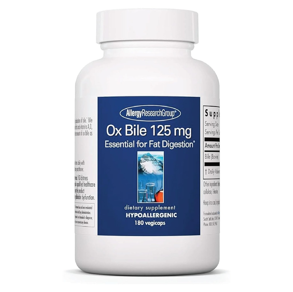 Allergy Research Group Ox Bile 125 mg - Ox Bile Kosttilskud til galdeblære, fordøjelsesenzymer til lever, fedt fordøjelse støtte, til mænd og kvinder, Hypoallergen Formel - 180 Vegicaps