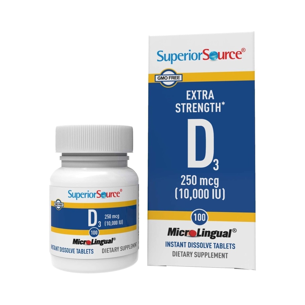 Superior Source Vitamin D3 10000 IE, Quick Opløs mikroLingual Tablets, 100 Greve, Hjælper med at fremme stærke knogler og tænder, immunstøtte, Hjælper med at opretholde sund muskelfunktion, Non- GMO