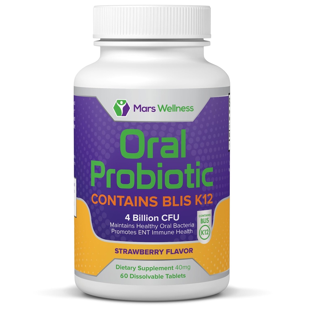 Oral Probiotisk tillæg med BLIS K12 4 Millioner CFU - Nu Dairy Free 60 Day Supply Flaske til dårlig ånde, Strep, hulrum, Gum Oral og Dental Sundhed - Sugar Free - USA Made - 60 Count