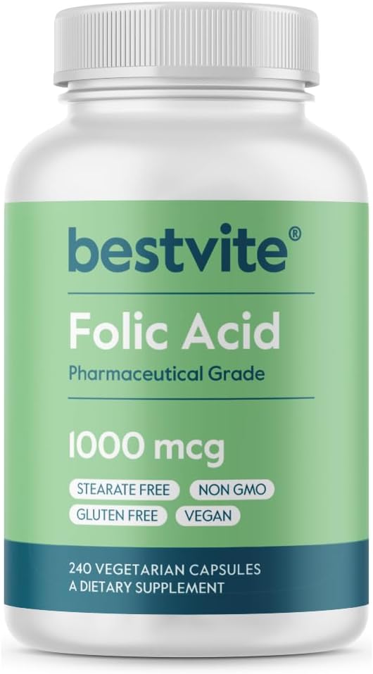 BESTVITE Folinsyre 1000mcg (vitamin B9) (240 Vegetariske kapsler) - Ingen Dicalcium Phosphat - Ingen Stearater Ingen silikonedioxid - Ikke GMO - Gluten Free