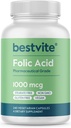 BESTVITE Folic Acid 1000mcg (Vitamin B9) (240 Vegetarian Capsules) - No Dicalcium Phosphate - No Stearates -No Silicon Dioxide - Non GMO - Gluten Free