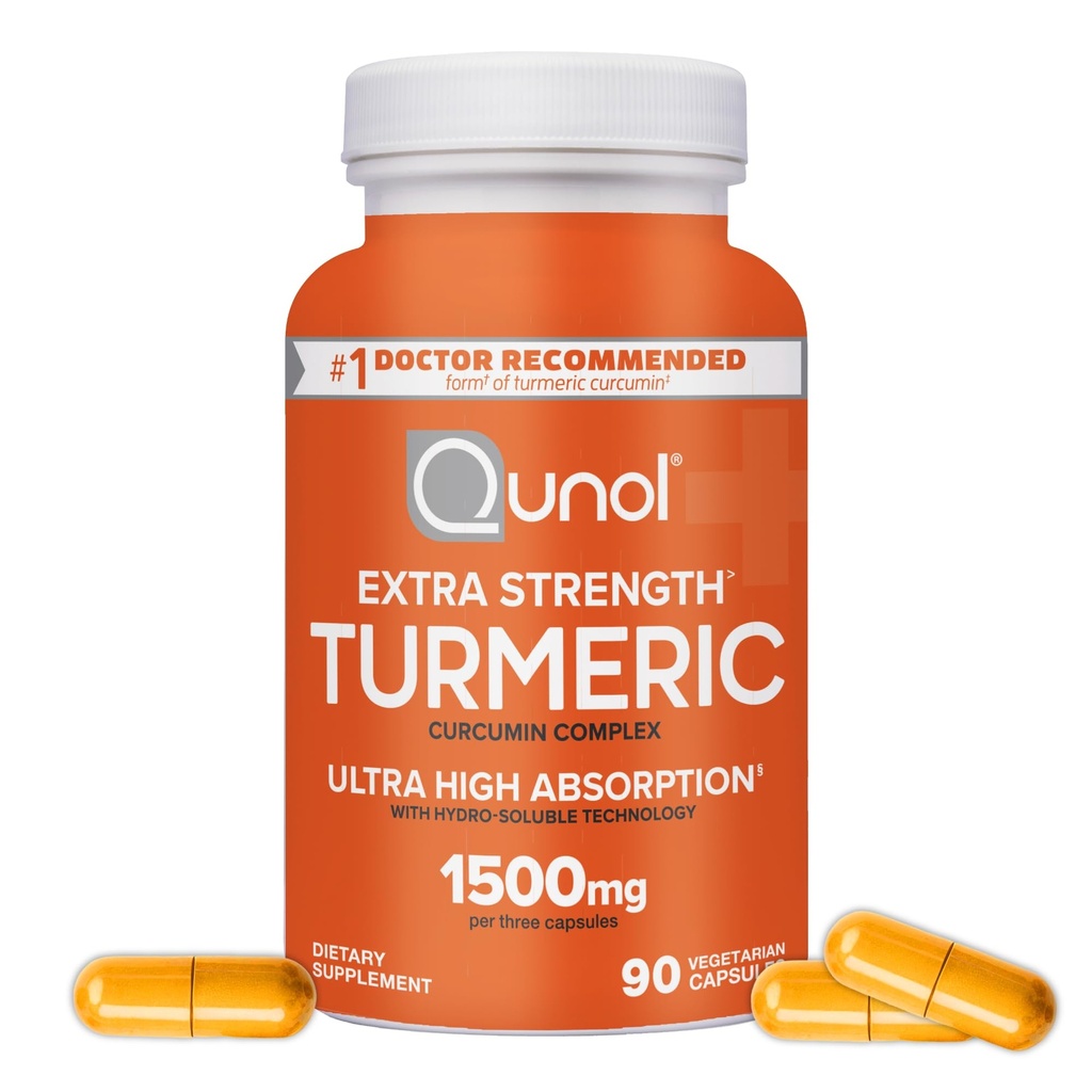 Gurkemeje Curcumin Kapsler, Qunol med Ultra High Absorption 1500mg, fælles støtte, Kosttilskud, Ekstra Styrke, 90 Vegetariske Kapsler