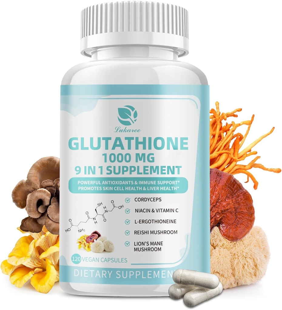 Glutathion Supplement 1. 000 mg, Mushroom Supplement med C-vitamin, Niacin - Leverdetox, immunforsvar og antioxidant, Reducerede L- Glutathion 120 Vegankapsler - Ikke GMO