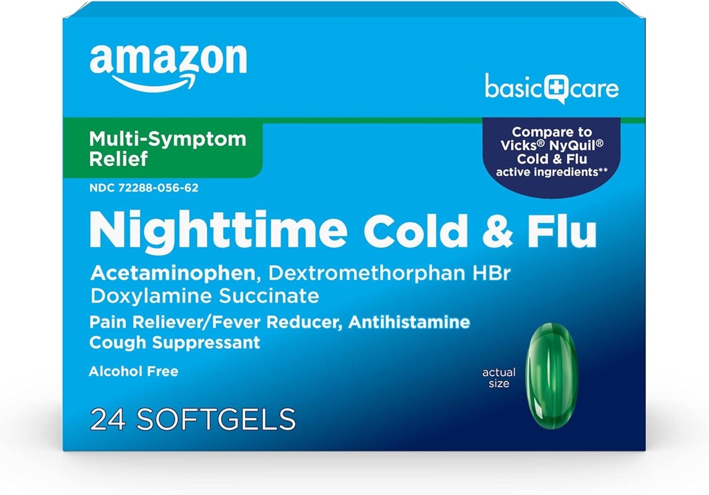 Grundlæggende pleje Nighttime Cold & Flu, 24 Softgels