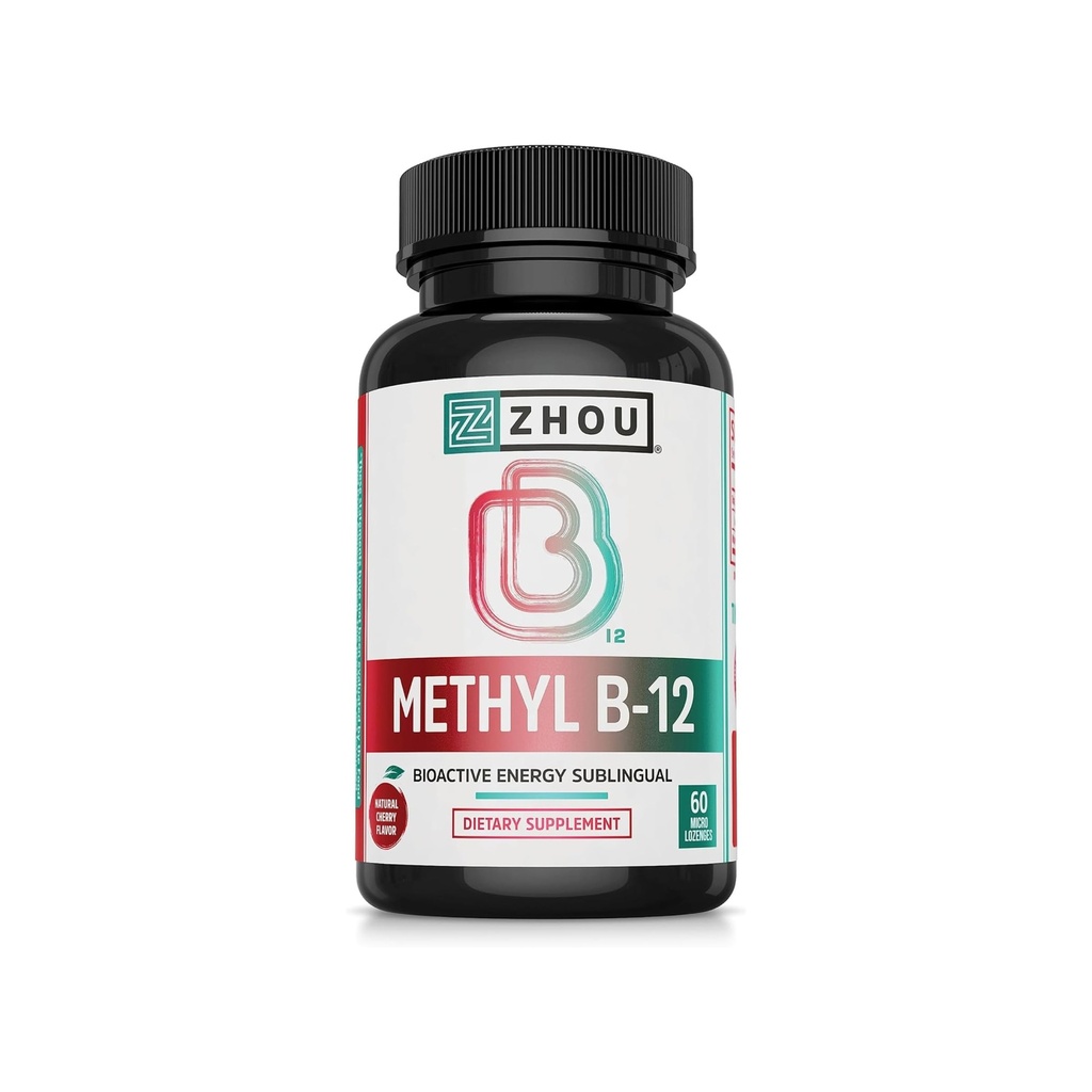 Zhou Methyl B12 - Methyl B- 12 Supplement for kvinder og mænd, vitamin B12 5000 mcg, Vegan Friendly, Cellular Energy and Nerve Function Support, Methylcobalamin - 60 Micro Lozenges