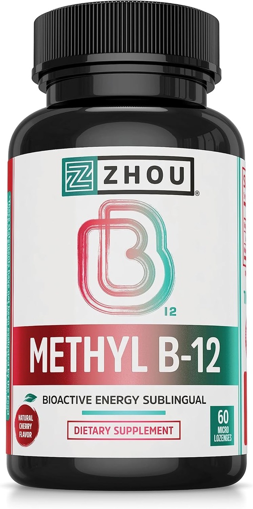 Zhou Methyl B12 - Methyl B- 12 Supplement for kvinder og mænd, vitamin B12 5000 mcg, Vegan Friendly, Cellular Energy and Nerve Function Support, Methylcobalamin - 60 Micro Lozenges