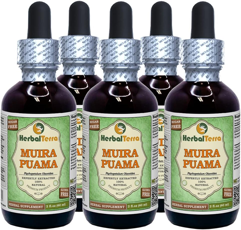 Muira Puama (Ptychopetalum Olacoides) Glycerit, Organic Alcohol- Free Liquid Extract (Brand Name: HerbalTerra, Stolt Made in USA) 5x2 fl.oz (5x60 ml)