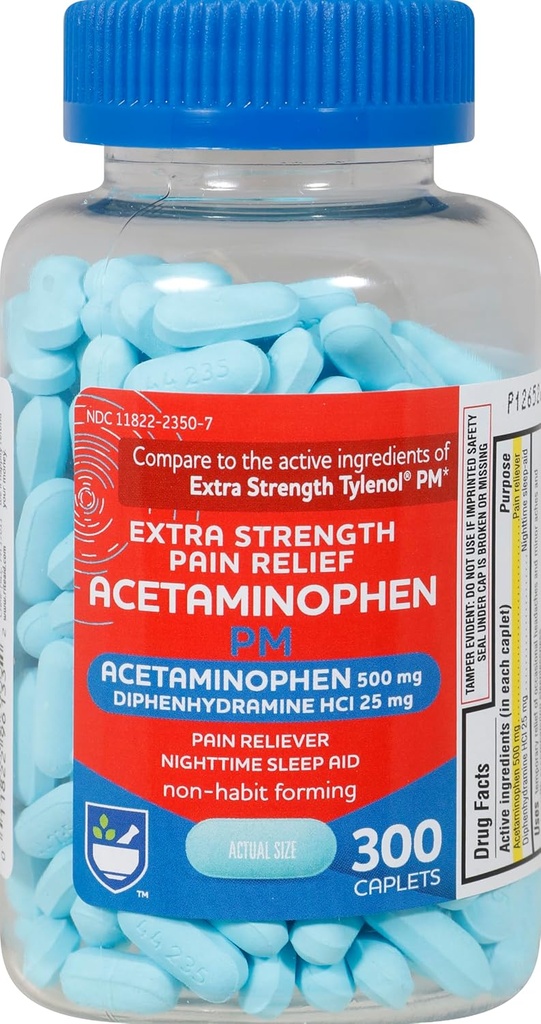 Rite Aid Extra Strength Pain Relief Acetaminophen PM Caplets, 500mg Acetaminophen / 25mg Diphenhydramin - 300 Count - Nighttime Pain Reliever + Sleep Aid