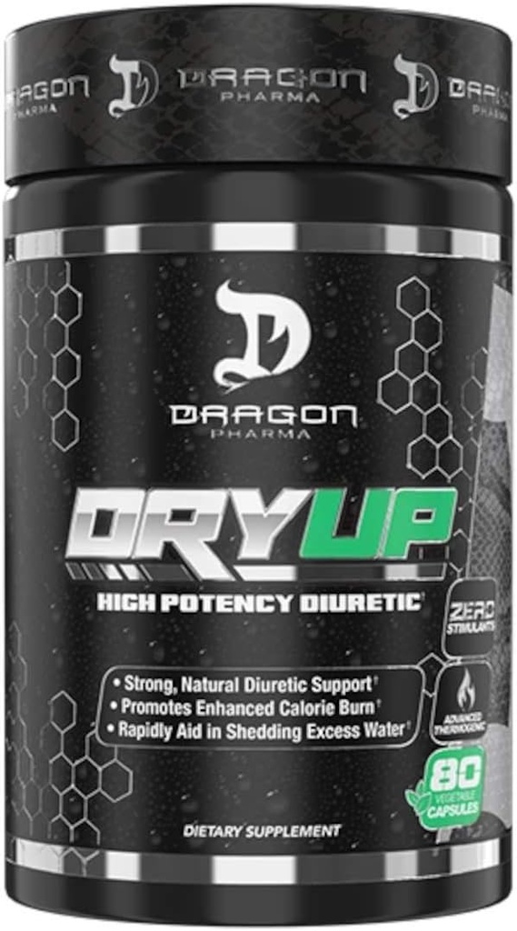 DRAGON PHARMA DryUp, High Potency Diuretic & Thermogen Matrix, Fleksibel brug, Stift-Free Supplement, Perfekt til at forberede konkurrencen eller Photoshots (80 kapsler)