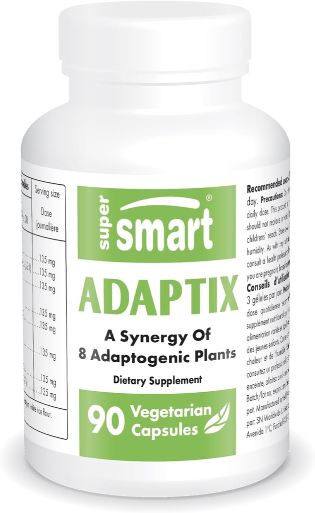 Supersmart Adaptix (Advanced Formel) - 8-in-1 Plant Extracts - Adaptogen Urter med Ashwagandha, Astragalus, Ginseng, Reishi Medic124; Non- GMO & Gluten Free - 90 Vegetariske Kapsler