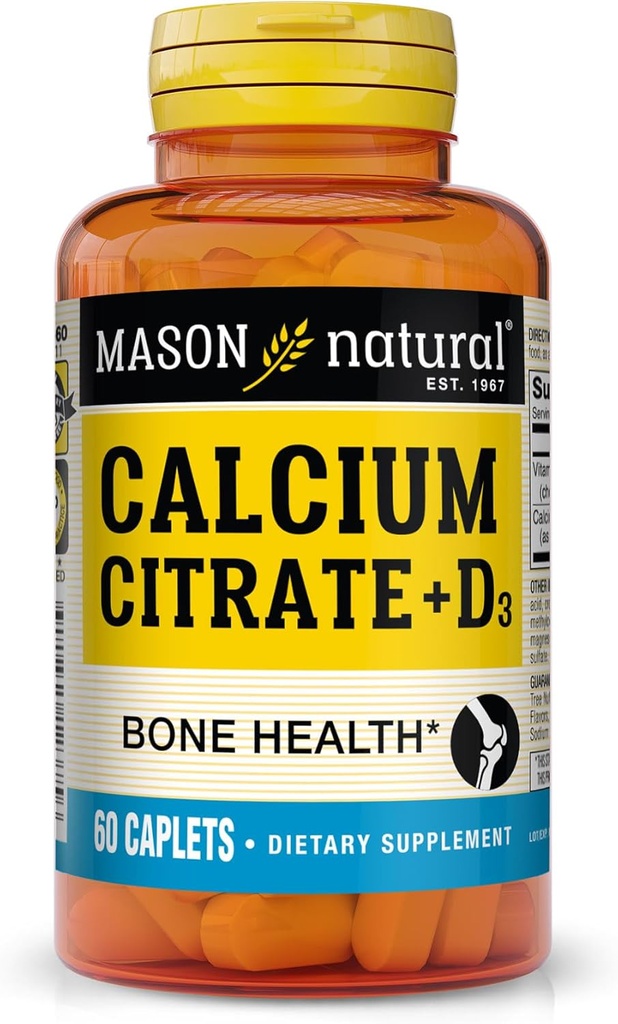 Mason Natural Calcium Citrate Plus Vitamin D3, 2 Måned Supply, Styrker Muskelfunktion & Bone Sundhed, 60 Kapsler