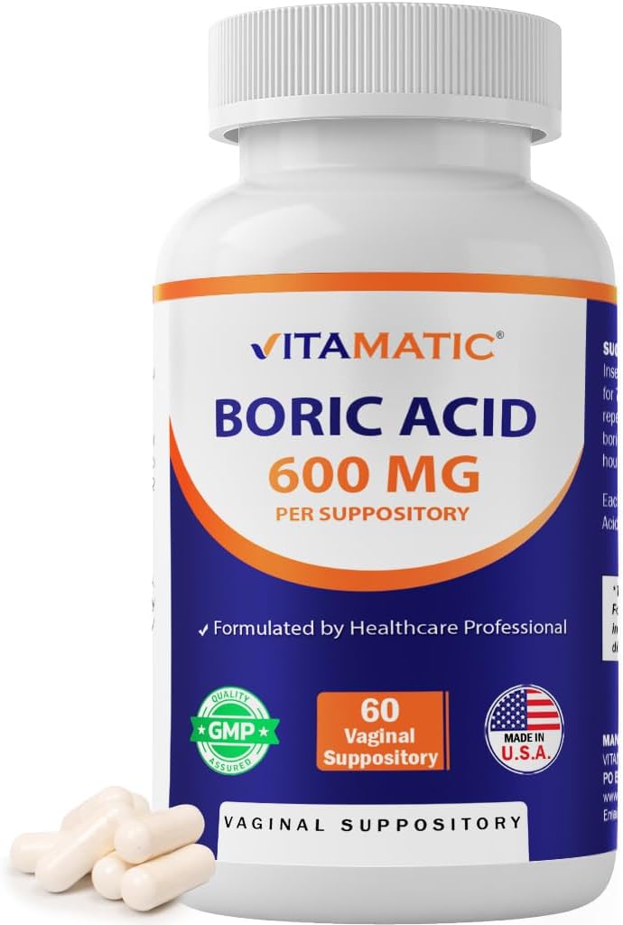 Vitamatic Boric Acid Vaginal Capsule Shell Suppositories 600 mg USP Grade Boric Acid in Vegetarian Capsule Shell - 60 Count