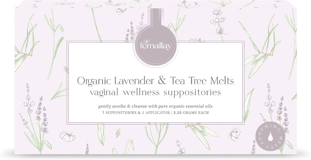 Femallay Organic Lavender og Tea Tree Oil Vaginal Cleansing Suppositorier til Hygiene, 100% naturlige smelter til Feminin Care, Great for tørhed og mere, 7 Individuelt-Sealed smelter + 1 Applikator