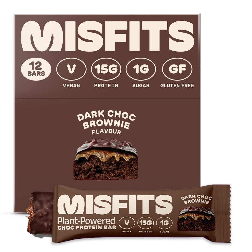 Misfits Vegan Protein Bars, Dark Chocolate Brownie - Original Opskriftsskrift Note 124; Gluten Free, Plant baseret, Lavsukker & Carb, High Fiber Snacks