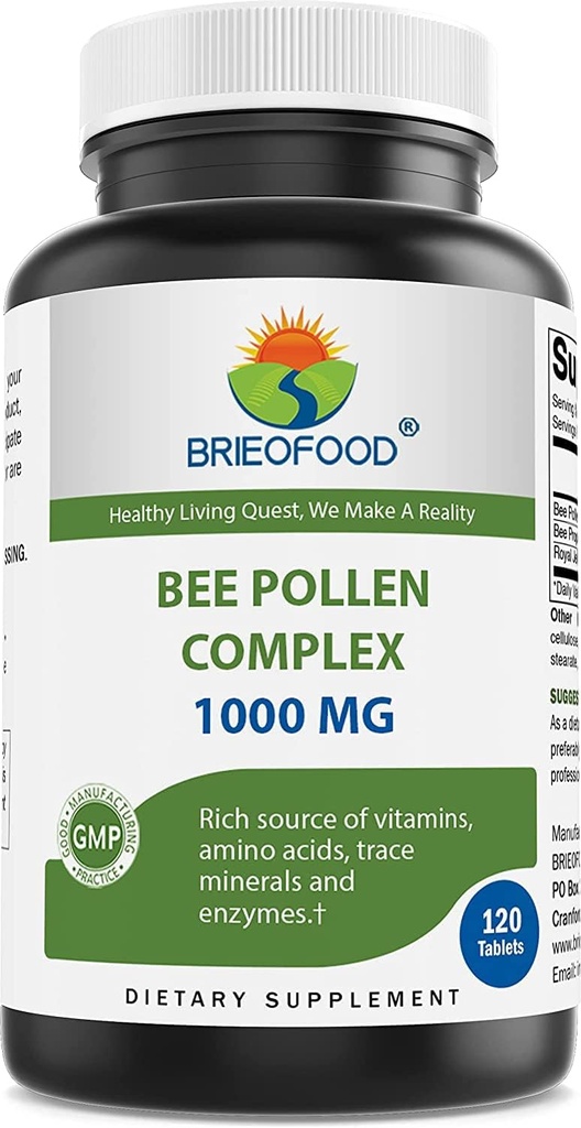 Brieofood Bee Pollen Complex 1000 mg 120 tabletter - Lavet med Bee Pollen, Bee Propolis, & Royal Jelly Powder