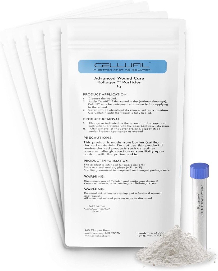 Cellufil Collagen Particles for Advanced Wound Care - 10 Vials - 100% Non-Hydrolyzed Bovine Collagen for Tissue Regeneration, First Aid & Minor Bleeding