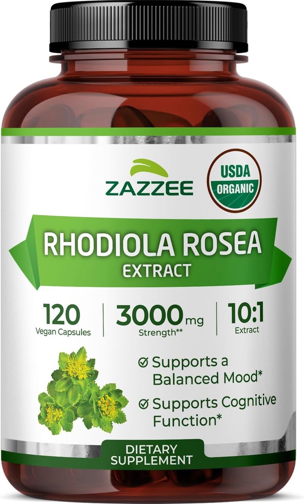 Zazzee USDA Organic Rhodiola 10: 1 Exract, 3000 mg Strength, 120 Capsules, 4 Monthly Supply, Standardized and Concentrated 10X Extract, 100% Vegetar, Extra Strength, All- Natural and Non- GMO