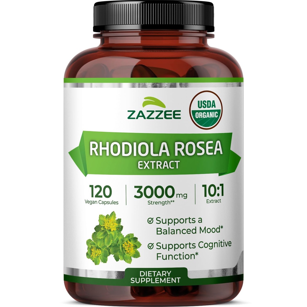 Zazzee USDA Organic Rhodiola 10: 1 Exract, 3000 mg Strength, 120 Capsules, 4 Monthly Supply, Standardized and Concentrated 10X Extract, 100% Vegetar, Extra Strength, All- Natural and Non- GMO