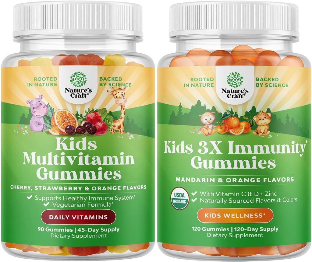 Bundle of Plant Based Kids Multivitamin Gummies - med Vitamin A, C, D3, E, B6 & B12, Zink & Jod og Organic Kids Immunsupport Gummies - Vegan Organic Vitamin D med Vitamin C og Zink
