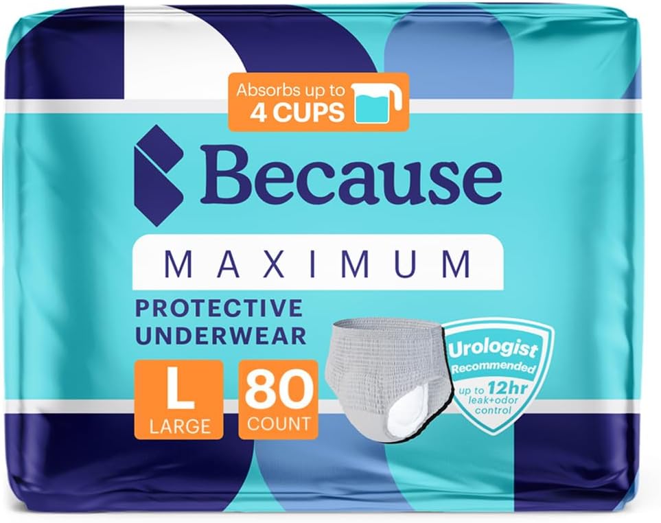 Fordi maksimal inkontinens undertøj til mænd - Heavy Bstige læk Beskyttelse, Ideel til Overnatning lækage, Sleek, Usynlig Fit, Grey, Large - Absorber 4 Cups - 80 Greve (4 pakker med 20)