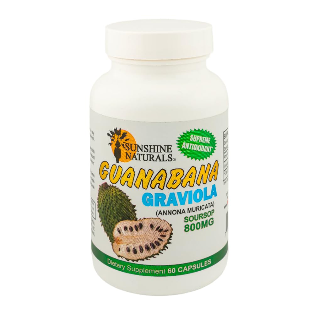 Sunshine Naturals Graviola Supplement. Immunstøtte, fordøjelseshjælp, antioxidant forsvar og afgiftning. Fremmer sund fordøjelse, cellular sundhed, og Samlet Wellness. 60 kapsler.