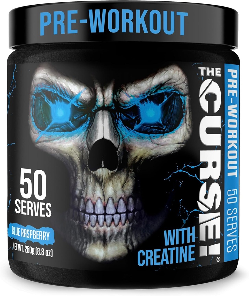 JNX SPORTER Forbandelsen! Pre Workout pulver til mænd og kvinder, Koffein, Beta- Alanine, Creatin, L- Citrullin, 50 Serveringer, Blå Raspberry Flavor - Boost energi, Styrke og fokus