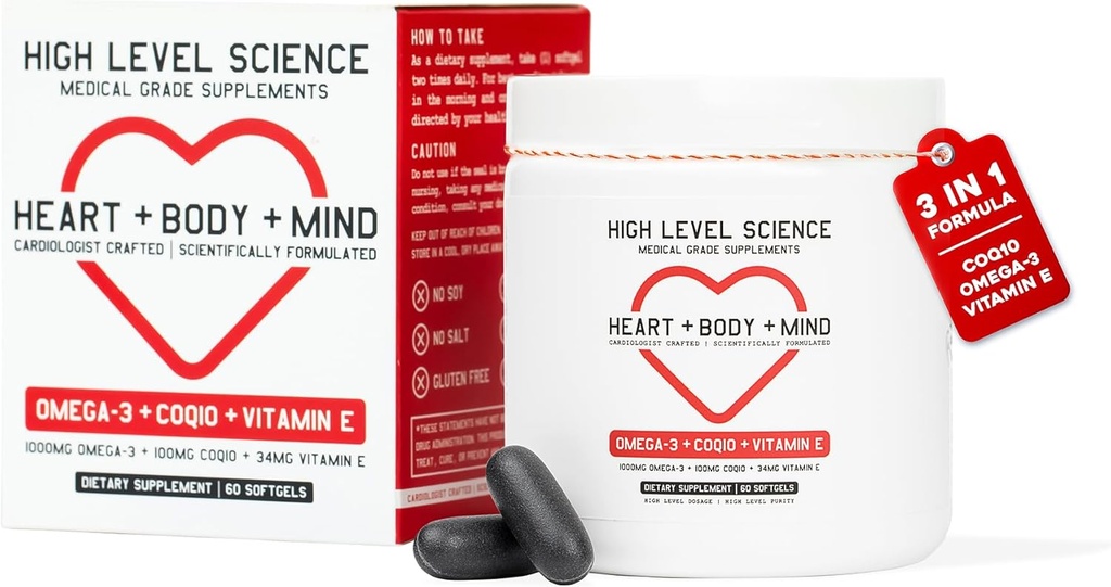 High Level Science CoQ10, Omega-3, E-vitamin - Kardiolog Formuleret til hjerte + Body + Mind Health med DHA / EPA, Antioxidant til energi, Superior Bioavailable Fish Oil - Gluten Free, 60 Softgel