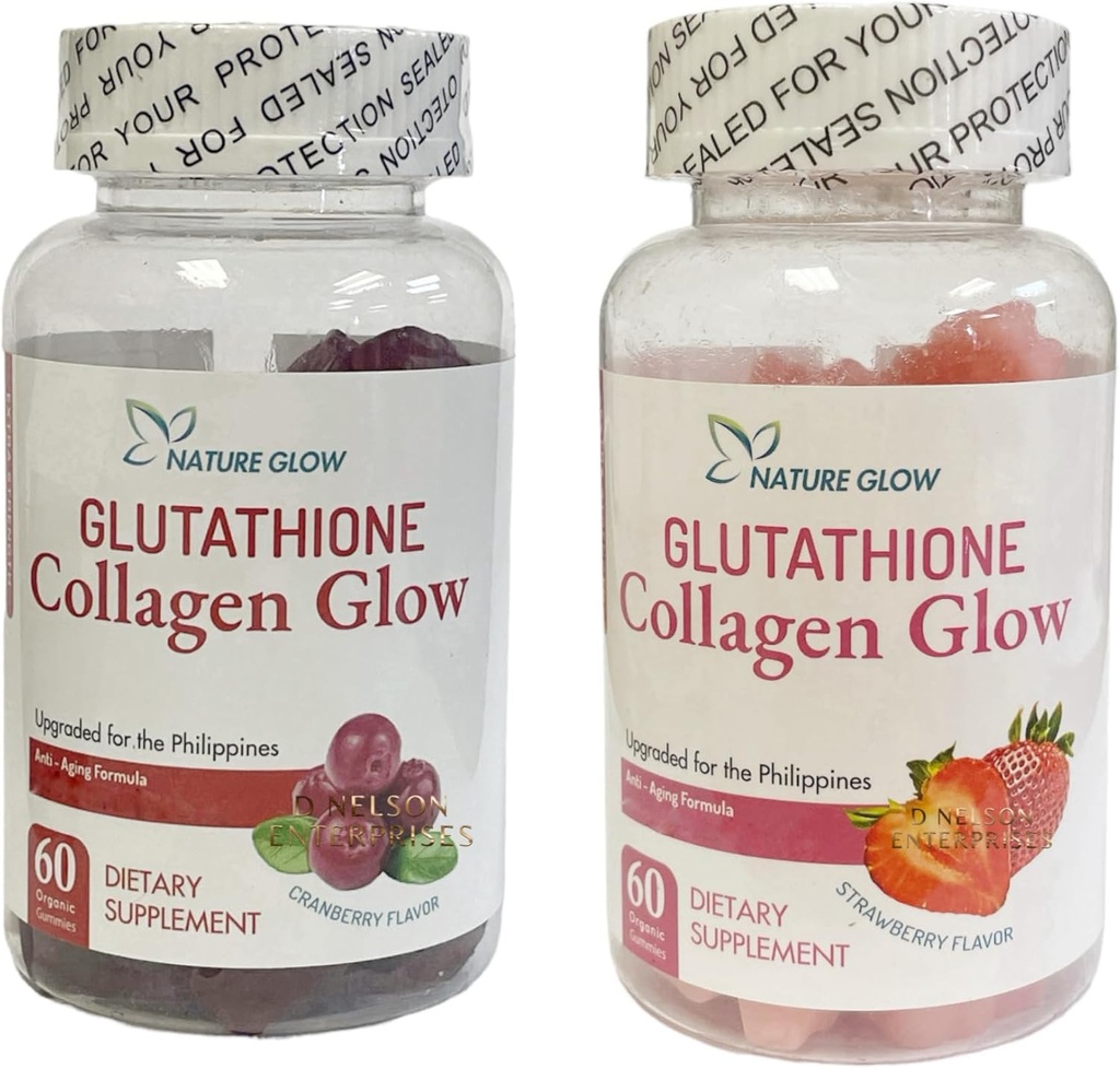 Nature Glow Glutathione Collagen Glow, 60 Organic Chewable Gummies (Jordbær (1Flaske) & Tranebær (1 Flaske))
